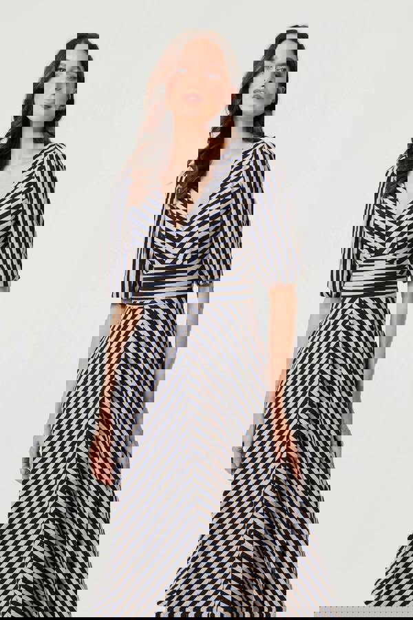 Navy | Striped 1/2 Puff Sleeve Midi Dress