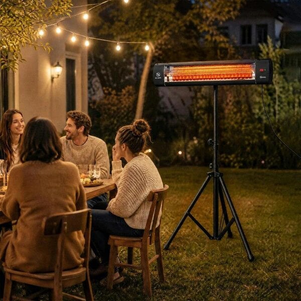 Bobobiy 2500 W Electric Infrared Patio Heater, IP65 Outdoor Garden Heater with Tripod, 3 Heat Settings, 24H Timer, Black