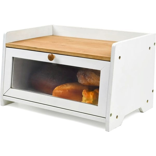 Maison des Cadeaux White Bamboo Single-Layer Bread Bin with Top Shelf