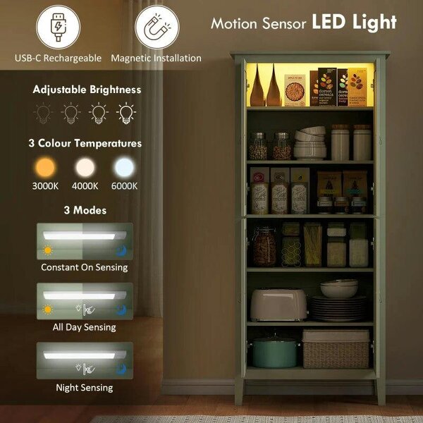 Tall Pantry Cupboard with Motion Sensor LED Light - Green