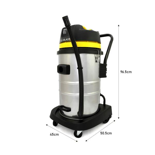 60L wet and dry vacuum with a stainless steel body, yellow accents, flexible hose, and sturdy wheels for easy mobility