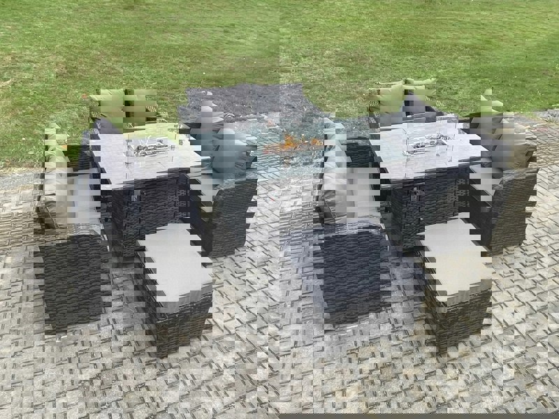 Fimous Rattan Outdoor Garden Furniture Sofa Set Gas Fire Pit Dining Table Gas Heater with Love Sofa Big Footstool Dark Grey Mixed