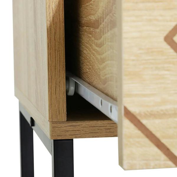 Natural wood dresser drawer partially open, showing interior and black metal leg frame.
