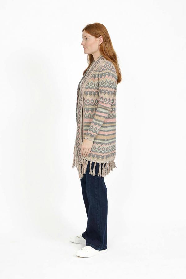 Mudflower Aztec Print Bordered Fringed Longline Cardigan
