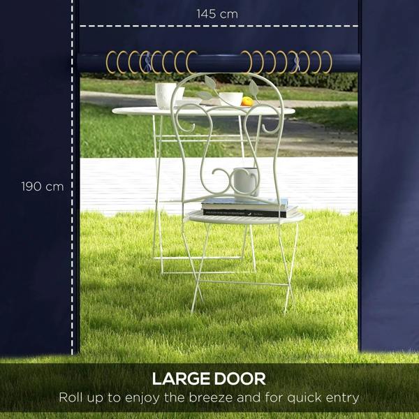 Blue gazebo side panel with large roll-up door opening and top hooks