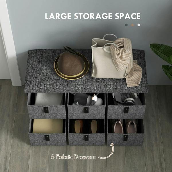 Dark grey shoe storage bench with open six-drawer compartments and padded lid