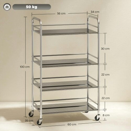 Wyld Haus Lalu Stainless Steel Silver 4 Tier Kitchen Trolley With Adjustable Shelves