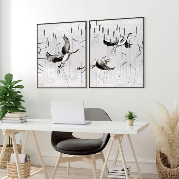 Cranes Japanese Art for home office | Set of 2 wall art prints