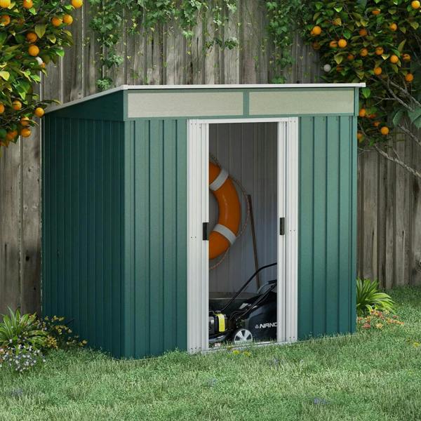 Green metal tool shed with double sliding door open, visible interior equipment.