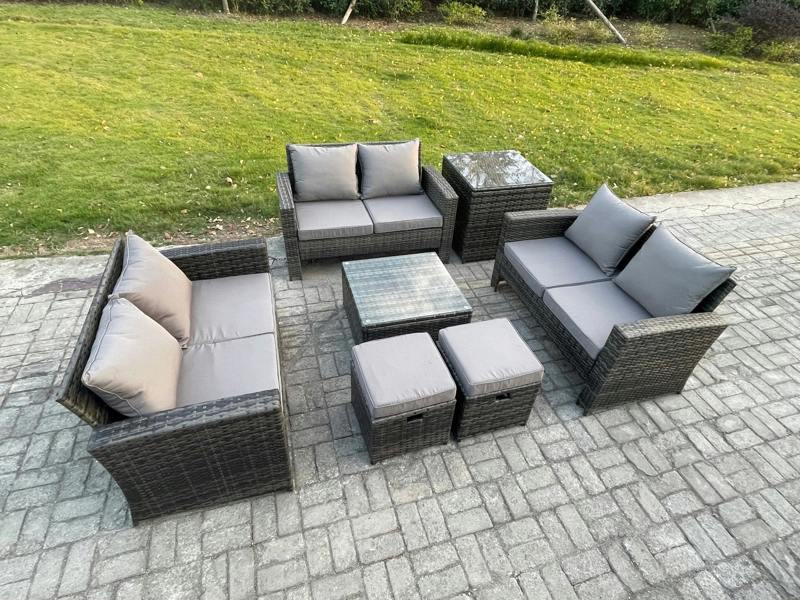 Fimous 7 PCS Outdoor Lounge Sofa Set, Wicker PE Rattan, Square Coffee Table, Double Seat Sofa, Side Table and 2 Small Footstools, Dark Grey Mixed