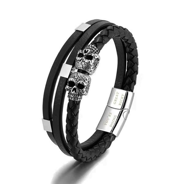 Personalised Men's Skulls Leather Rope Bracelet - close-up detail
