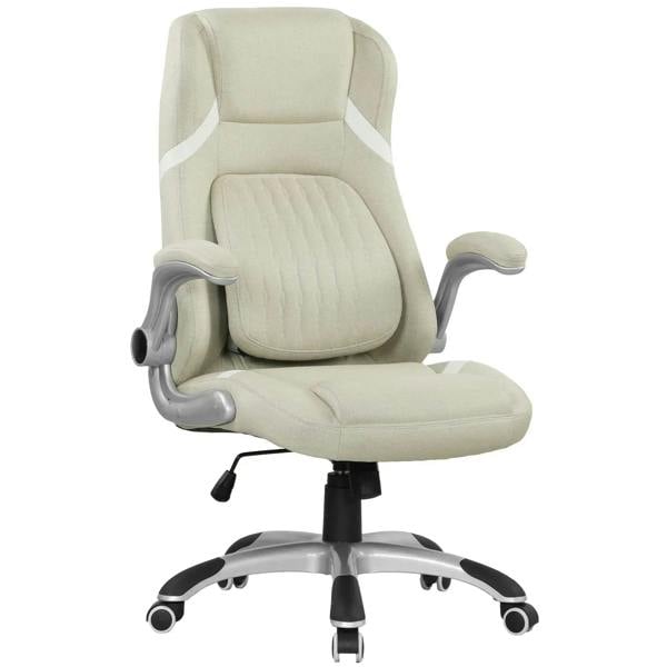 Beige linen-look office chair with padded seat, armrests, and height adjustment base
