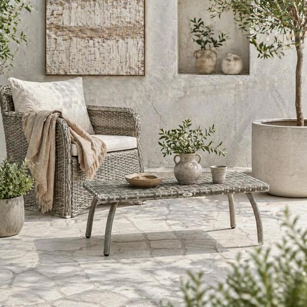 Wyld Haus Kedo Grey Rattan Rectangle Outdoor Coffee Table With Woven Finish