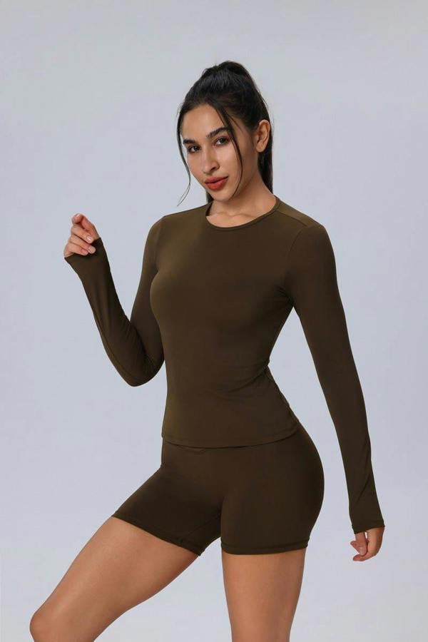 Anniou Long Sleeve Yoga Top - Brown