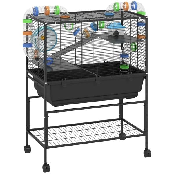 Black 3-tier wire hamster cage with deep trays, storage shelf, and four caster wheels