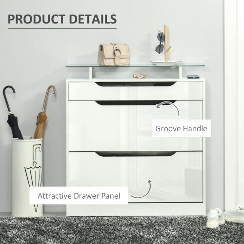Wyld Haus Masola Wooden White Shoe Cabinet With Sliding Drawer 2 Flip Doors And Glass Top
