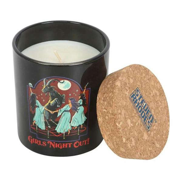 Black scented candle jar with Girls Night Out graphic, cork lid beside it.