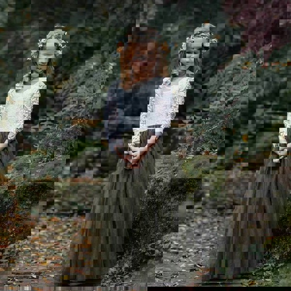 young girl smiling in a Olive Green Bohemian Classic Long Sleeve Dress 