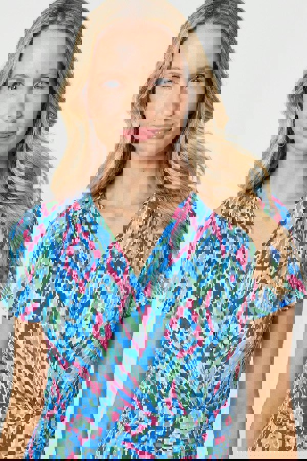 Blue | Printed Ruched Faux-Wrap Midi Dress