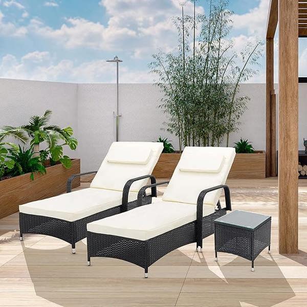 Rattan Sun loungers Set of 2 Reclining Sun Beds and Table Garden Furniture Venice