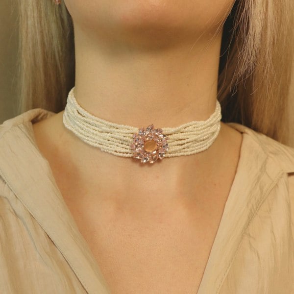 The Colourful Aura Multi Strand White Pearl Rose Gold Zircon Stone Victorian Choker set