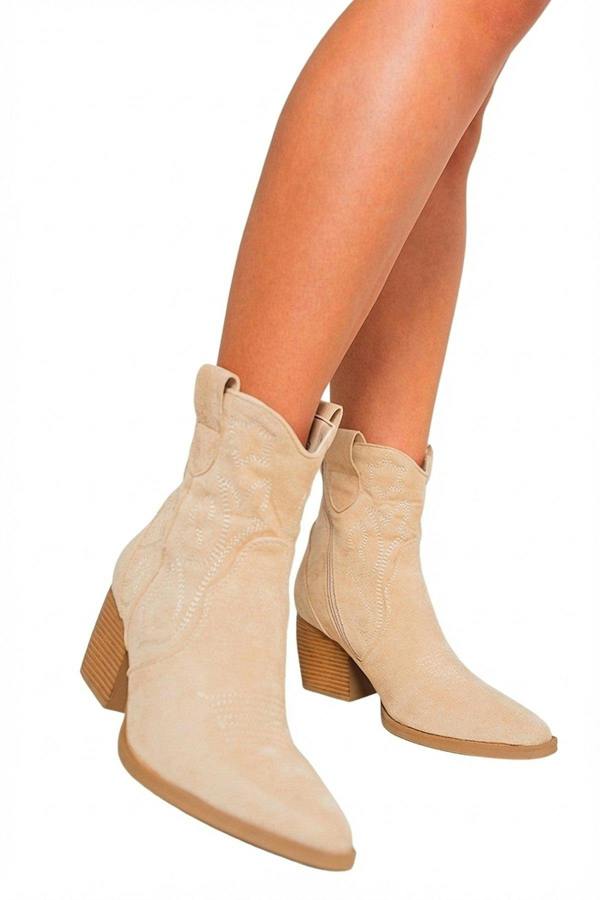 Laura Suede Cowboy Ankle Length Boots - Beige_wb