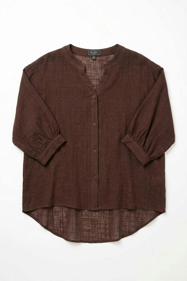 Brown | Relaxed Collarless 3/4 Sleeve Shirt
