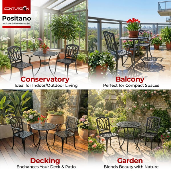 Centurion Supports POSITANO Garden and Patio Table and 2 Chairs Cast Aluminium Bistro Set - Black