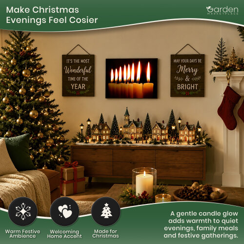 Christmas Canvas Print with 8 LED Flickering Candles, 40 x 30cm, Stretched Wooden Frame, Battery Operated, Indoor Use