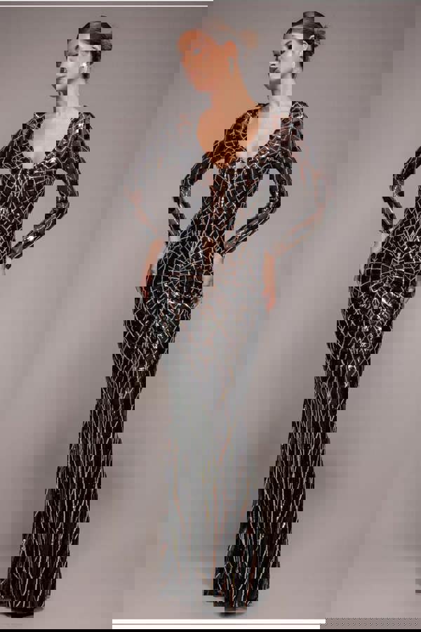 Geo Sequin Long Sleeve Maxi Dress - Black DR3495