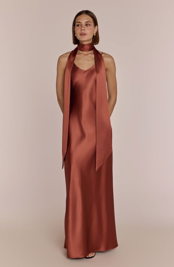 Rewritten London Brooklyn Dress in Terracotta Satin