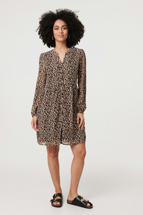 Beige | Animal Print Long Sleeve Short Dress
