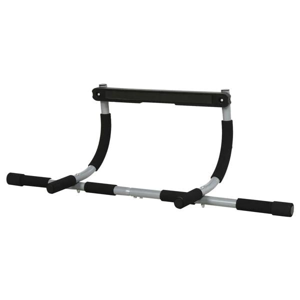 Standalone doorway pull-up bar with black foam handles and curved silver frame