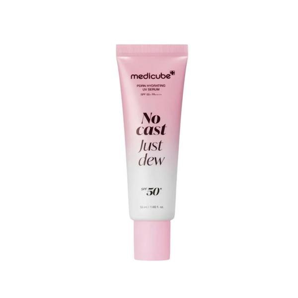 Medicube PDRN Hydrating UV Serum SPF 50+ PA++++ – anti-aging sunscreen infused with PDRN for skin barrier repair and deep moisture available at Atelier De Glow UK.