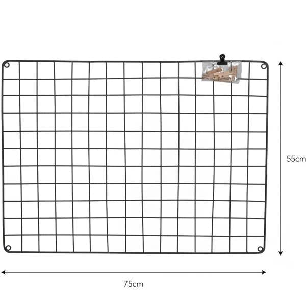 A studio shot of the wire memo board with height and width indicators of 75cm and 55cm.