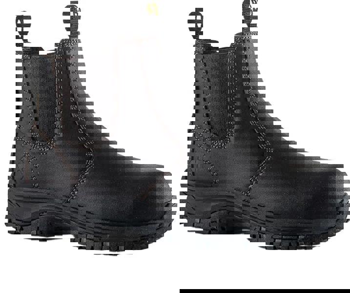 Buckbootz WIZD2 Mens Pull On S7S Dealer Chelsea Safety Ankle Boots, black safety work boots with slip-on design and durable traction outsole.