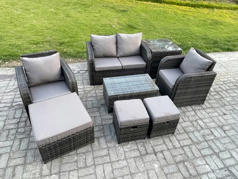 Fimous Wicker PE Rattan Outdoor Furniture Set Garden Love Sofa Coffee Table 2 Armchair 3 Footstools Side Table Dark Grey Mixed