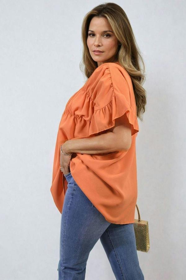 Rebecca Button Down Pleated Frill Tops - Orange