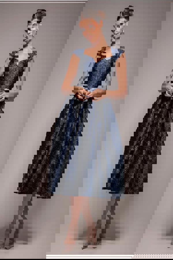 Crushed Satin Sleeveless A Line Midi Dress - Navy Blue DR4551