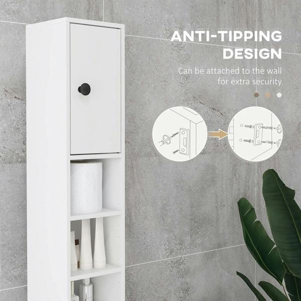 White slim bathroom cabinet with wall-attachment design and black knob handles.