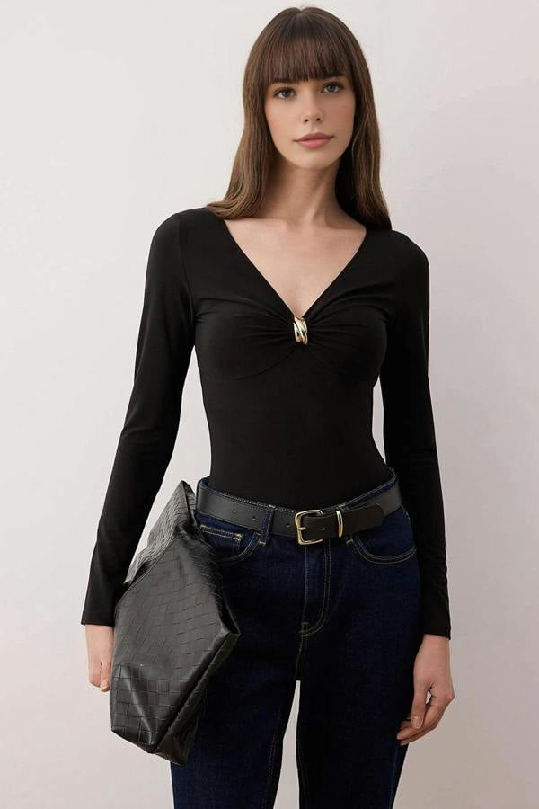 WOVCOR V-Neck Knit Bodysuit with Accessory Detail