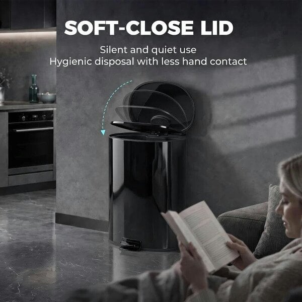 50L Kitchen Pedal Bin, Rubbish Bin with Soft-Close and Stay-Open Lid, Removable Inner Bucket, Black