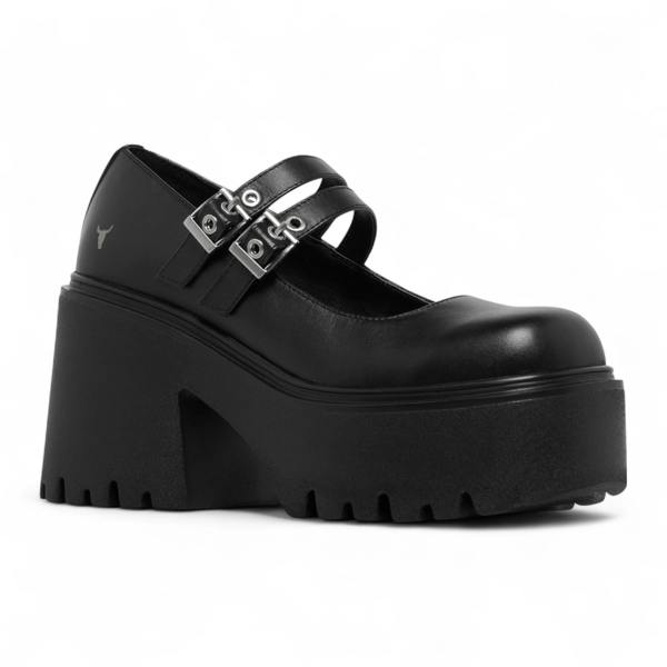 Windsorsmuth Lessons - Women's Black Leather Chunky Heel Buckle Shoes