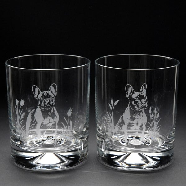 Glyptic Glass Art French Bulldog Dog Whiskey Tumbler Glass - Hand Etched/Engraved Gift