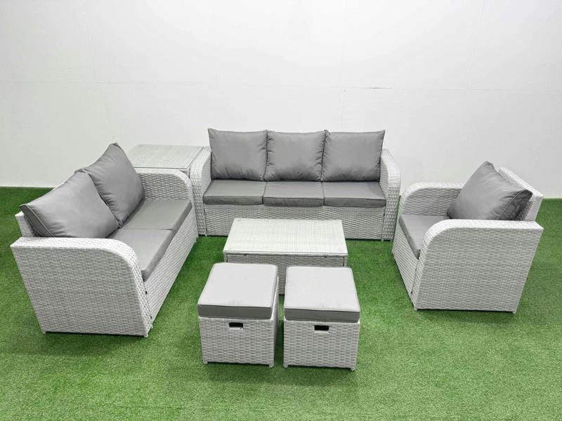 Fimous 8 Seater Outdoor Set, PE Wicker Rattan, Coffee Table, Reclining Chair, Loveseat, 3 Seater Sofa, Stool and Side Table, Light Grey