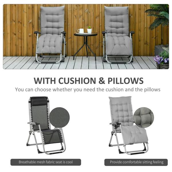 Two light grey reclining lounge chairs with tufted seat, cushion, and two pillows