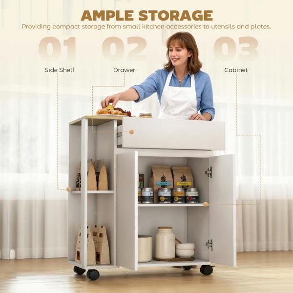 HOMCOM Kitchen Storage Trolley Cart with Drawer and Shelves, White