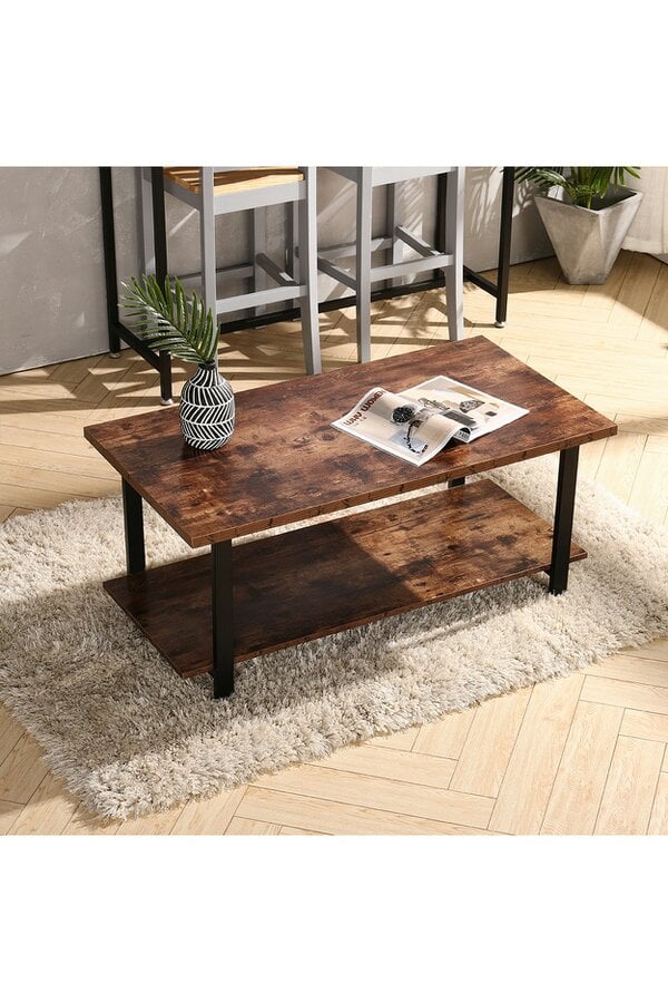 Living and Home Rustic Coffee Table with Storage Shelf