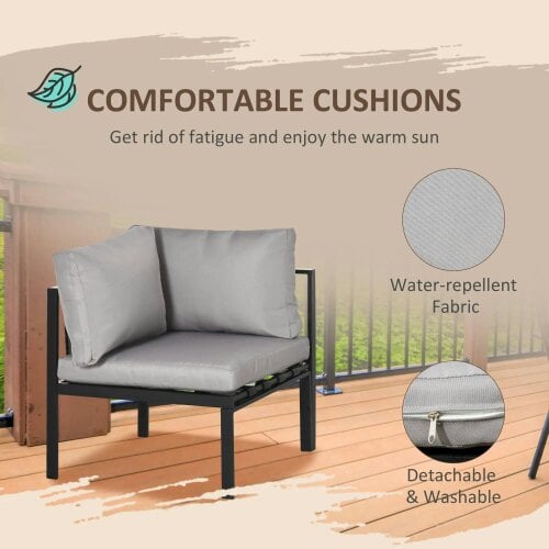 Bobobiy 5 Seater Garden Corner Sofa Set, 4 Pieces Metal Garden Set with Loveseats, Glass Top Coffee Table, Light Grey