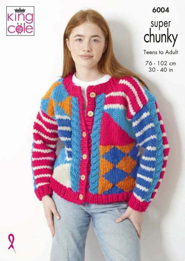 King Cole Big Value Super Chunky Knitting Pattern 6004, Cardigans, Sweaters for Teenagers, Women, Men, 30 - 40 Inches